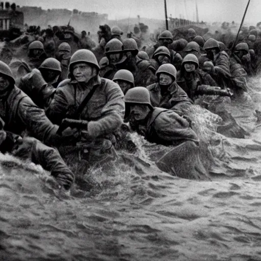 Image similar to modern camera footage of d - day invasion, violent, blood, realistic, high resolution