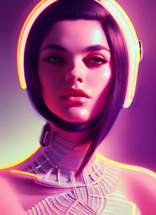 Prompt: photorealistic portrait of female humanoid, highly intricate, retro 6 0 s fashion, elegant, highly detailed, crispy quality and cyber neon light reflections, trending in artstation, trending in pinterest, glamor pose, concept art, sharp focus, art by artgerm and greg rutkowski