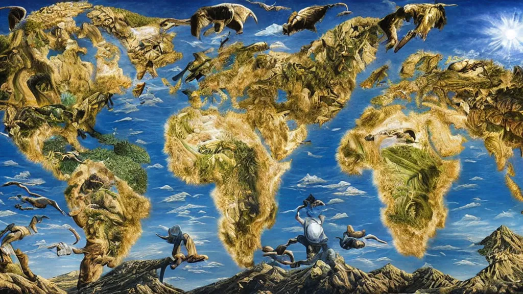 Image similar to surreal world map in the styles of igor morski, jim warren, and rob gonsalves, intricate, robinson projection, accurate geography, volumetric lighting, serene, imaginative