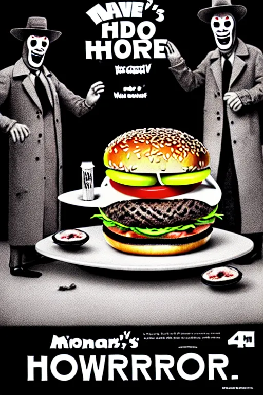 Image similar to mcdonald's horror retro tv advertisement!, nightmare!, burger surrounded by worms!!!, black and white, ultra realistic, 4 k, digital art, cinematic style of david kronenberg