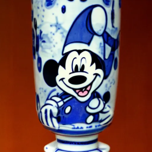 Prompt: a delft blue vase with a happy mickey mouse meth depicted on it ; extremely detailed