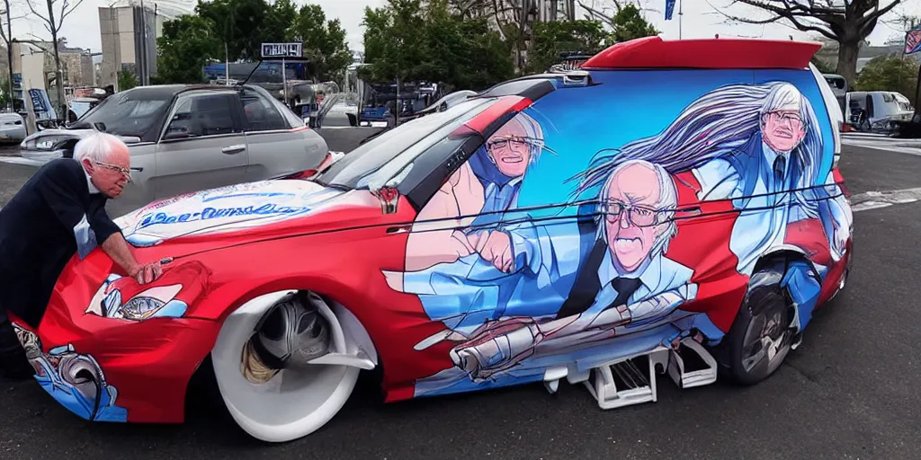 Prompt: bernie sanders, anime car wrap