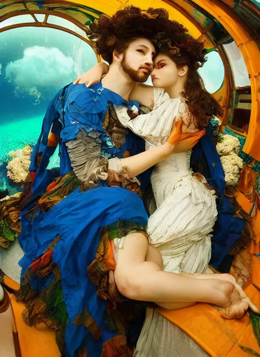 Image similar to detailed colourful masterpiece of photography by couple portrait sat down extreme closeup, love, inside an underwater train, detailed realistic expressions, wearing unusual clothes, by frederic leighton, ultra wide angle