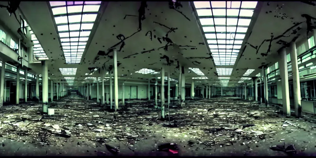 Image similar to abandoned replicant factory in a mall, old distorted camcorder video