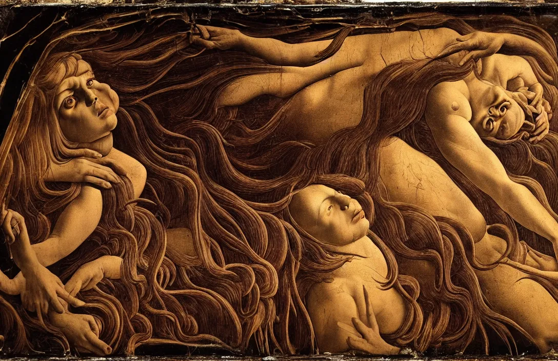 Prompt: gnarly intact flawless ambrotype from 4 k criterion collection remastered cinematography gory horror film, ominous lighting, evil theme wow photo realistic postprocessing nightmarish world of fear, horror, and revulsion that shocks and disturbs the spectator with its emotional power macrolens mural by sandro botticelli