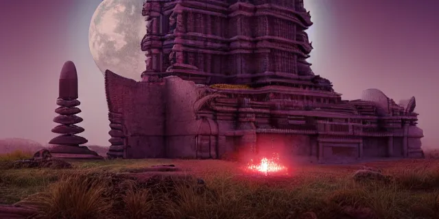 Image similar to beautiful hyperrealistic hyperdetailed epic 3 d render by octane of the mysterious intricate ruins of a temple from an advanced alien starwars civilization under the crescent moon, dramatic lighting