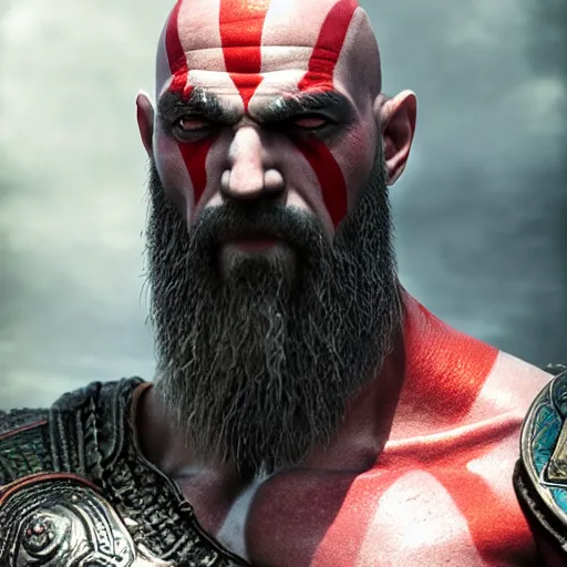 Image similar to portrait of kratos, intricate artwork, concept art, octane render, deviantart, cinematic, key art, hyperrealism, iridescent accents, portrait photograph, nikon 3 5 mm, photograph by greg rutkowski