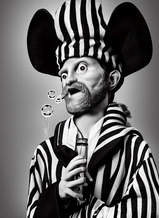 Image similar to an anthropomorphic beautiful male wizard portrait blowing bubbles wearing black and white stripes robe, fine art, award winning, intricate, elegant, sharp focus, octane render, hyperrealistic, cinematic lighting, highly detailed, digital painting, 8 k concept art, art by jamie hewlett and z. w. gu, masterpiece, trending on artstation, 8 k