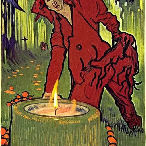 Prompt: painting of arkansas razorbacks at the halloween! party, bubbling cauldron!, candles!, graveyard, gravestones, ghosts, smoke, autumn! colors, elegant, wearing suits!, clothes!, delicate facial features, art by alphonse mucha, vincent van gogh, egon schiele