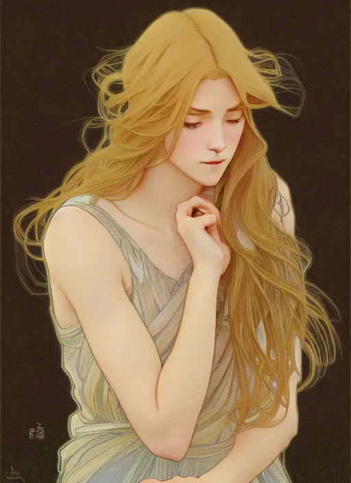 Image similar to pretty young man with shoulder length shiny shimmering golden blond hair, head down, demure, shy, path traced, highly detailed, high quality, digital painting, by studio ghibli and alphonse mucha, leesha hannigan, disney