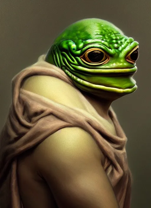 Image similar to 4 chan pepe, ancient god kek, sad, portrait, intricate, elegant, highly detailed, digital painting, artstation, concept art, wallpaper, smooth, sharp focus, illustration, art by h. r. giger and artgerm and greg rutkowski and alphonse mucha