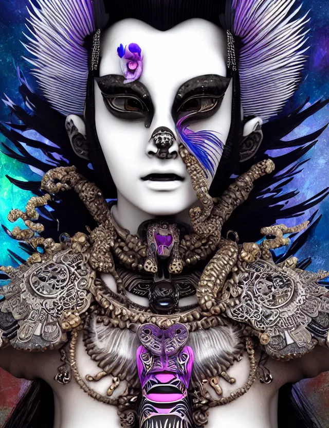 Image similar to 3 d goddess close - up profile portrait punk with mohawk with ram skull. beautiful intricately detailed japanese crow kitsune mask and clasical japanese kimono. betta fish, jellyfish phoenix, bio luminescent, plasma, ice, water, wind, creature, artwork by tooth wu and wlop and beeple and greg rutkowski