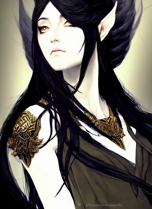 Image similar to Half body portrait of a beautiful elven priestess with long straight black hair wearing ornate white and gold robe. In style of Yoji Shinkawa and Hyung-tae Kim, trending on ArtStation, dark fantasy, great composition, concept art, highly detailed, dynamic pose.