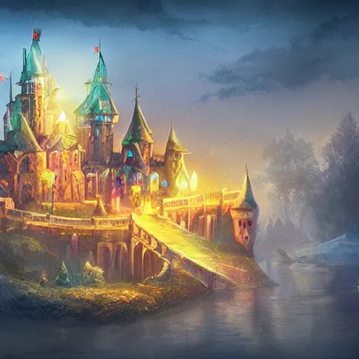 Image similar to A magical fantasy royal castle town that sits on a magnificent floating island; night scenery, trending on artstation, award winning digital art