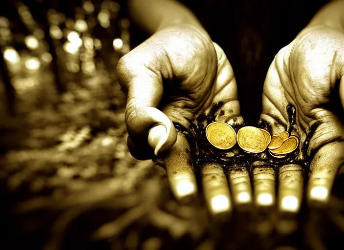 Image similar to old retro burnt out sepia photograph with scratches of an old and wrinkled hand with five fingers!! holding a few golden coins with royal engravings. magical forest in the background with bokeh. Antique. High quality 8k. Intricate. Sony a7r iv 35mm. Award winning. Zdzislaw beksinski style