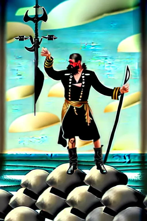 Prompt: an epic fullbody portrait of a pirate captain in masculine pose standing on a pile of skulls and pointing his sword to the sea and the horizone. by boris valejho in style of waldemar von kozak