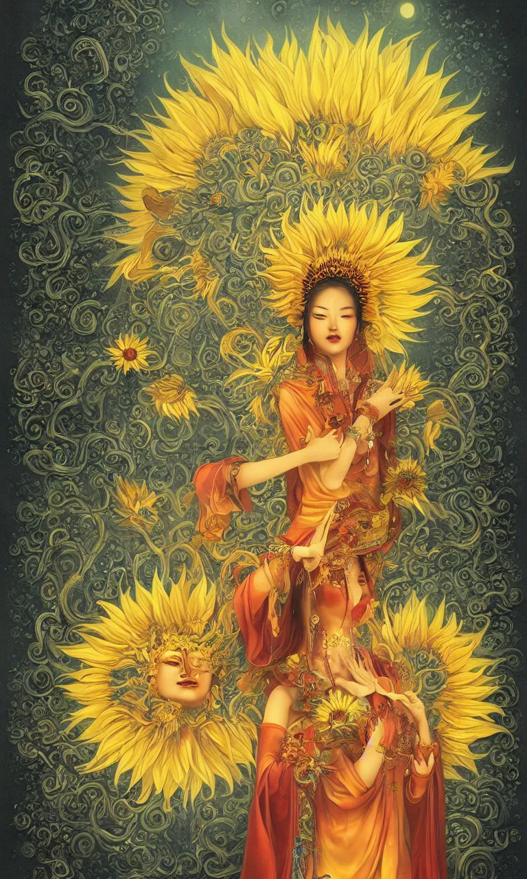 Prompt: The Chinese goddess of sunflowers, who has a third-eye and an helianthus-shaped golden crown, and presides over the rays of the sun with her sacred vision, by Anato Finnstark, Tom Bagshaw, Brom