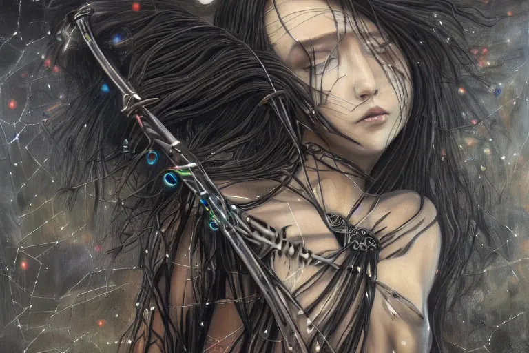 Image similar to Goddess of life itself with a scythe, dark Goddess of artificial intelligence creating an artificial neural network with synapses on an anvil with his scythe, high resolution, award winning art, trending on art station, sharp image, incredibly detailed, detailed character, realistic painting, hyper-realistic painting, coherent painting, master piece by Kyozu Aroyama