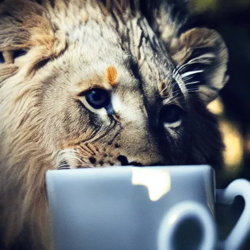 Image similar to a tiny lion peeking his head out of a coffee mug, close up shot.