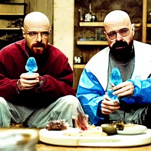 Prompt: Walter White and Jessie Pinkman as dwarves cooking blue meth crystals in the Breaking Bad movie series, cinematic scene