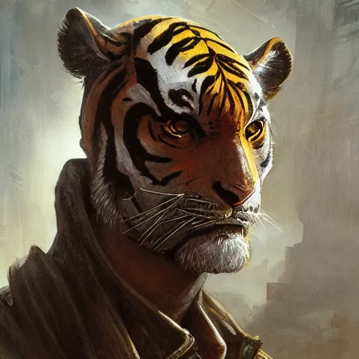 Image similar to man with the face of a Tiger blind at one eye in blade runner, D&D, fantasy, intricate, elegant, highly detailed, digital painting, artstation, concept art, smooth, sharp focus, illustration, art by artgerm and greg rutkowski and alphonse mucha