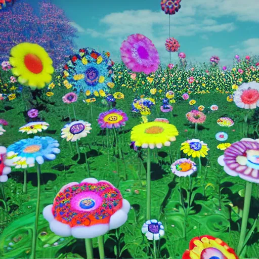 Prompt: Floral psychedelic apocalypse caused by the crashing of the Murakami flower meteor in the peaceful village, unreal engine 5 render, art by Takashi Murakami, Meteor made out of Murakami flowers