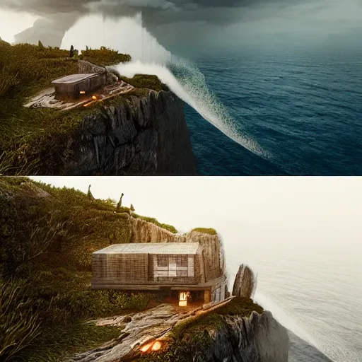 Prompt: a cozy cabin on top of a cliff, view of the ocean, huge waves beneath, dramatic lighting, artstation, matte painting, raphael lacoste, simon stalenhag, frank lloyd wright, zaha hadid, drone view