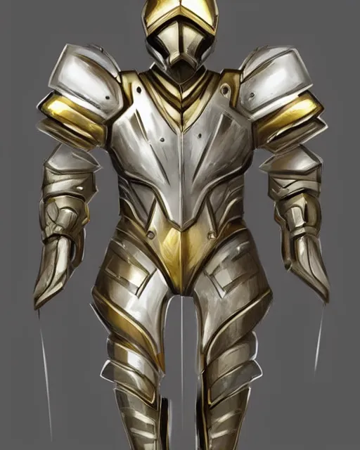 Prompt: medium armor, fantasy concept art, trending on artstation, shiny silver with gold trim, very flat shading, smooth lines, smooth contours, clean, symmetrical, front view, extremely high-quality, awesome, incredible, creative, the best