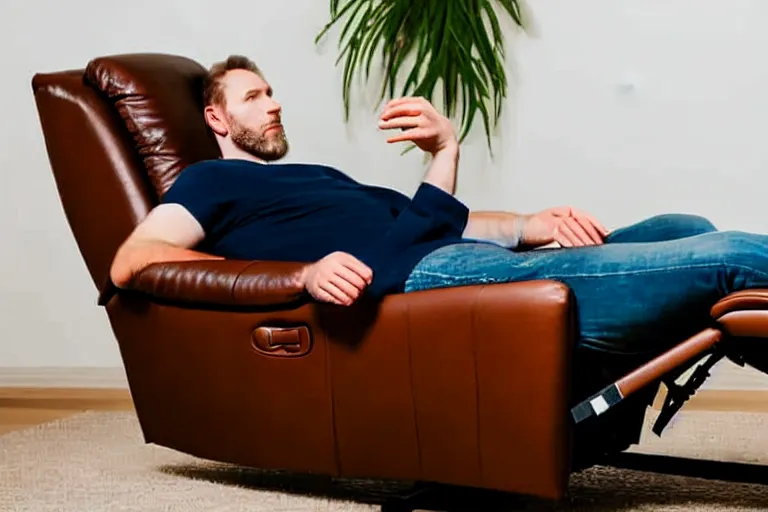 Image similar to a caucasian man relaxing on a brown reclined leather chair