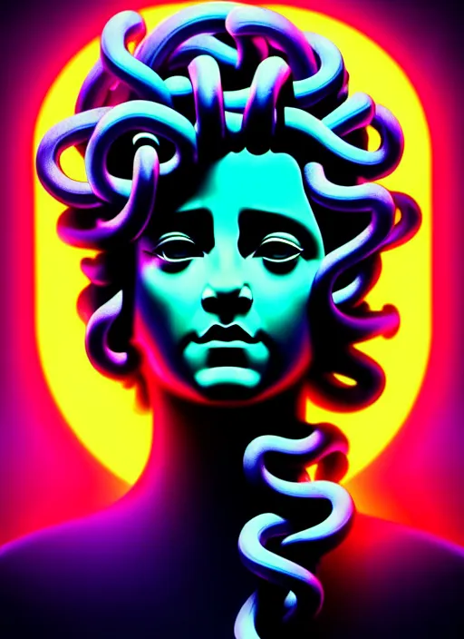 Image similar to statue of medusa, beeple, android jones, liam wong, ( ( ( ( ( dan mumford ) ) ) ) ), vaporwave, retrowave, black background, neon wiring, black, glitch, strong contrast, cuts, pinterest, trending on artstation