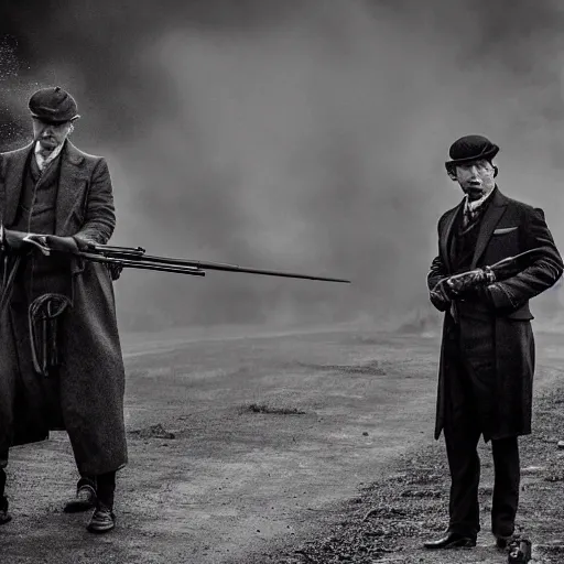 Prompt: a scene from peaky blinders, medium long shot, 3 / 4 shot, full body picture of tom hardy firing a shotgun, sharp eyes, serious expressions, detailed and symmetric faces, black and white, epic photo by talented photographer ansel adams