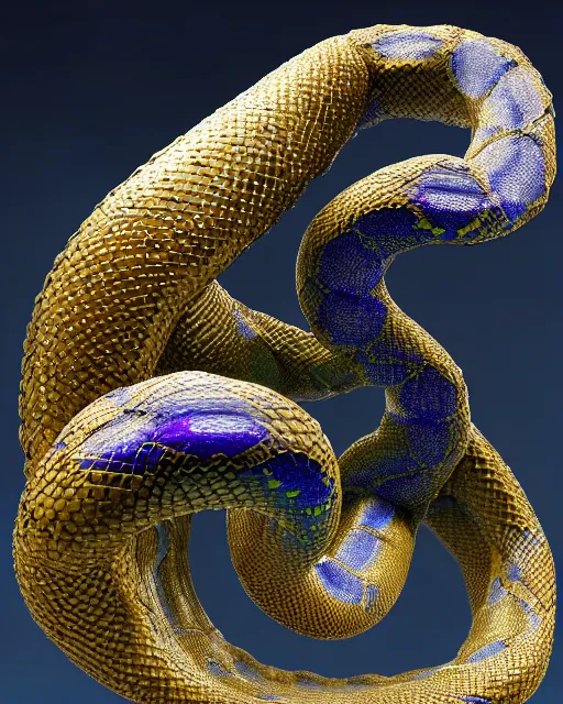 Image similar to a photo of a sculpture of a snake made from blue and emerald and amethyst crystal geode formations with liquid gold tendrils by jean pierre roy by stanisław szukalski by beeple, octane render, recursive, tendrils, tessellation, elestial crystals, geode, refracted light