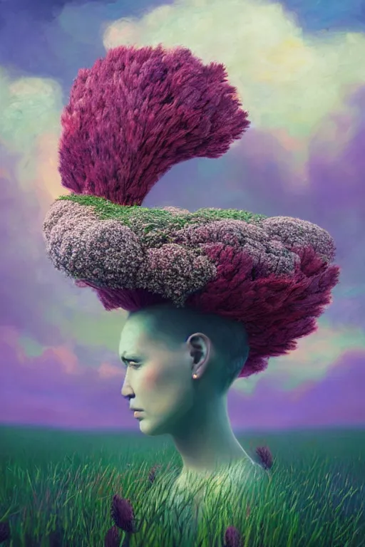 Image similar to closeup, giant flower head mohawk, woman in heather field, surreal photography, starlight, storm clouds, impressionist painting, digital painting, artstation, simon stalenhag