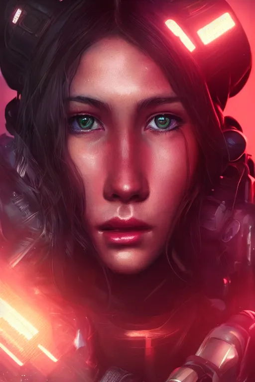 Image similar to beautiful close - up portrait of a cyborg mercenary girl, art by wlop and artgerm and liam wong, cyberpunk, neon, lens flare, elegant, highly detailed, trending on artstation, sharp focus, caustics, octane render, radiant light, 4 k