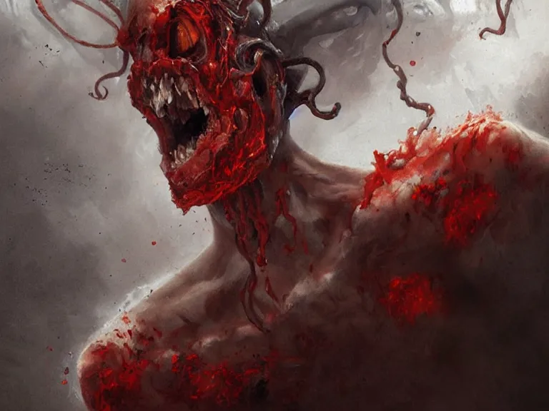 Image similar to painting by greg rutkowski of a flying human head with tears running down it's face face that is chalk white in color, with tentacles coming of the neck, fiery scorching red eyes, flying in a terrying hellish dark cavernous place