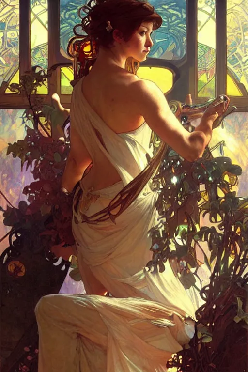 Prompt: A goddess playing video game, fantasy, painting by greg rutkowski and alphonse mucha