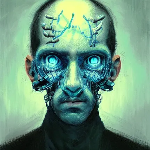 Image similar to surreal portrait of a man by Greg Rutkowski, symmetrical face, he is about 30 years old, short black hair with bangs, his features are a mix between French, Turkish and Russian, transformed into a kind of biomechanical transhuman god, blue glowing eyes, expression of epiphany and determination, cosmic void background, frightening, fascinating, highly detailed portrait, digital painting, book cover, artstation, concept art, smooth, sharp foccus ilustration, Artstation HQ