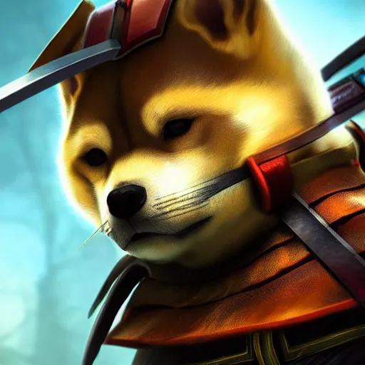 Image similar to shiba inu samurai warrior as a league of legends character, michael maurino, alex flores, paul kwon, cinematic, highly detailed, concept art, 3 d cgi, dramatic lighting, focus, smooth, heroic, hyper realistic background