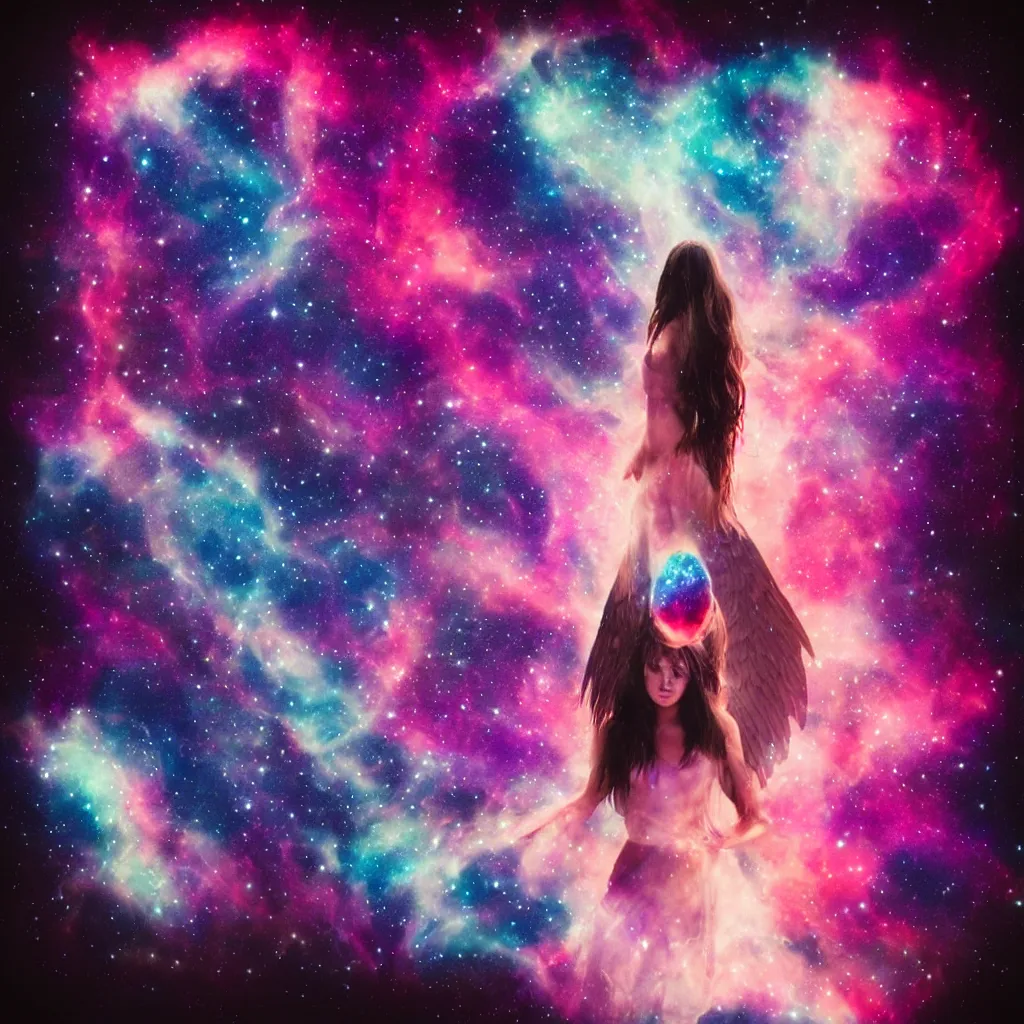 Image similar to girl cover in cosmic shadows with giant wings of glowing nebulas, realistic photograph, polaroid pic by horror