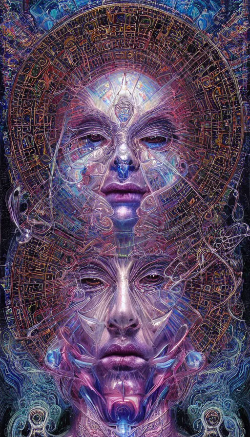 Prompt: Chromatic crystal themed painting of ancient psytrance monk fantasy human beautiful symmetrical face concept, infinity glyph, intricate artwork by, Alex Grey, Johnatan Wayshak, Zdizslaw Beksinski, Ayami Kojima, Amano, Karol Bak, Greg Hildebrandt, and Mark Brooks, Neo-Gothic, gothic, rich deep colors, art by Takato Yamamoto, masterpiece, face by Artgerm, H.R. Giger, very coherent artwork, cinematic, hyper realism, high detail, octane render, unreal engine, 8k, High contrast, golden ratio, trending on cgsociety, ultra high quality model, production quality cinema model