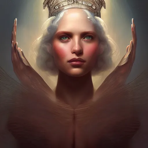 Prompt: a beautiful portrait of a celestial goddess by Jim Burns and Tom Bagshaw, Trending on Artstation, hands: -1