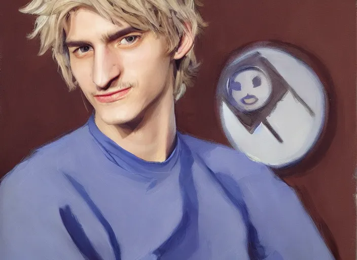 Image similar to a highly detailed beautiful portrait of xqcow xqc felix lengyel, twitch. tv, by gregory manchess, james gurney, james jean