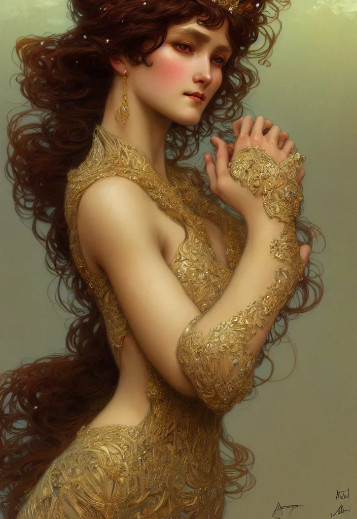 Image similar to character portrait of a modest woman, tall, feminine, powerful, modestly clothed, voluminous, intricate, elegant, highly detailed, digital painting, artstation, smooth, symmetrical, sharp focus, illustration, art by gaston bussiere and alphone mucha