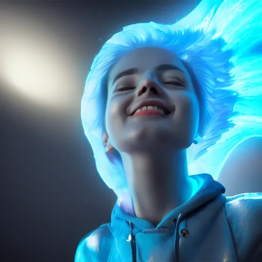 Prompt: blue plasma energy goddess smiling down on creation, dramatic lighting, hdr, hyper realistic, octane, unreal, blender, raytracing, trending on artstation