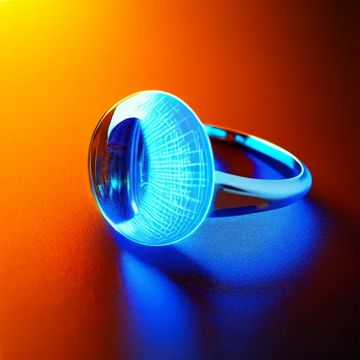 Image similar to a fantasy ring, blue glow, realistic reflections, intricate details, cinematic lighting, depth of field, octane render