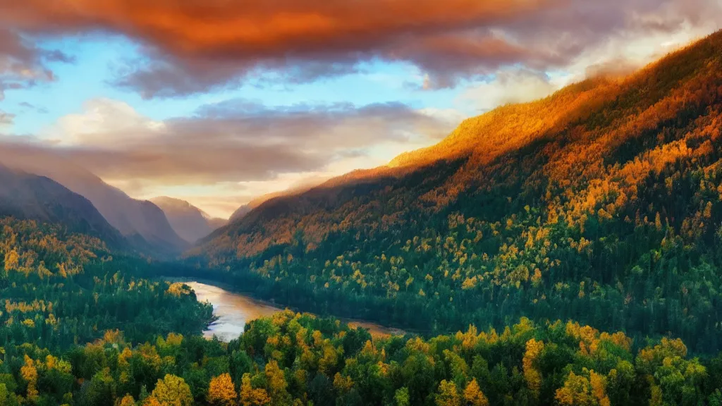 Image similar to The most beautiful panoramic landscape taken by a dron, oil painting, where the mountains are towering over the valley below their peaks shrouded in mist. The sun is just peeking over the horizon and the sky is ablaze with colors. The river is winding its way through the valley and the trees are starting to turn yellow and red, by Greg Rutkowski, aerial view