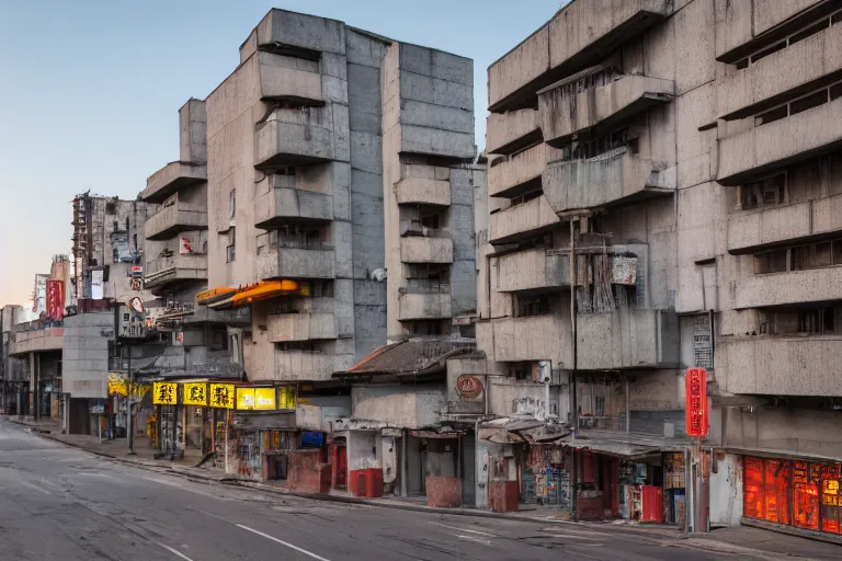 Image similar to Brutalist Chinatown architecture at the break of dawn