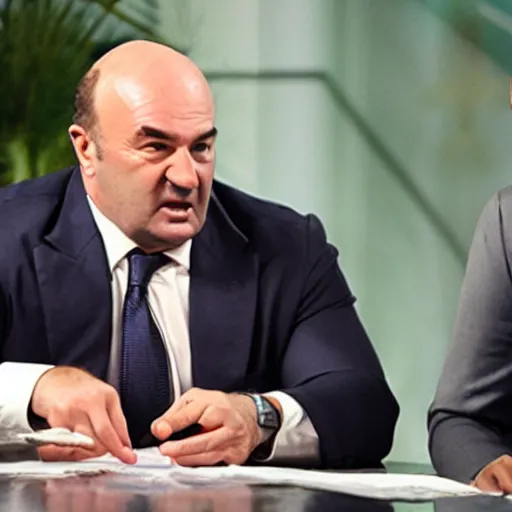 Prompt: Baseball suits Kevin O'Leary investing in a company, in Shark Tank (2016)