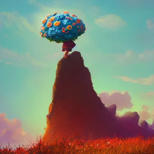 Image similar to closeup, giant flower head, girl standing on cliff, surreal photography, sunrise, blue sky, dramatic light, impressionist painting, digital painting, artstation, simon stalenhag