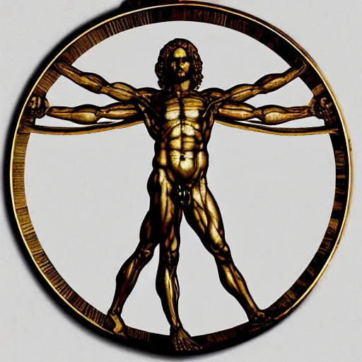 Prompt: Da Vinci's Vitruvian Man as a marble sculpture by Michelangelo, gold ring, 4k, hyper realistic, detailed, accurate anatomy, four legs, four arms, octane render, well lit studio lighting